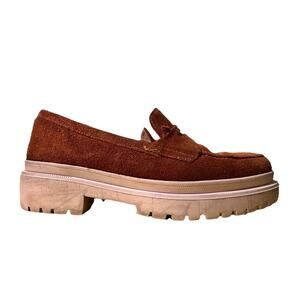 Patina Zoe Chunky Penny Loafer Women 9.5Brown Suede Leather Lug Sole Casual Fall